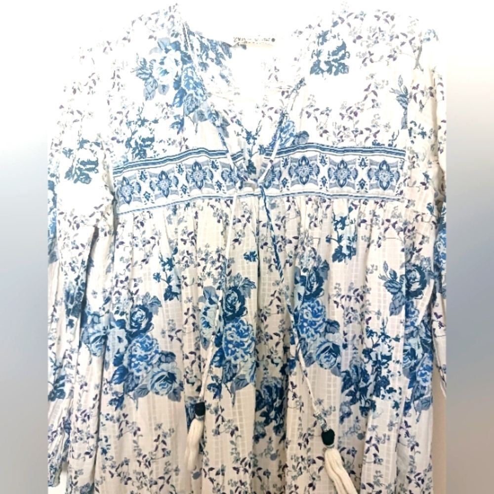 Zara Print Dress Blue/White V-Neck Long Sleeve Maxi Size M - Picture 7 of 8
